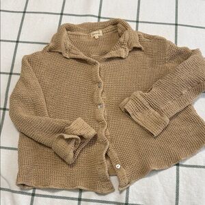 DONNI. Waffle-Knit Button Front Top in Camel Tan